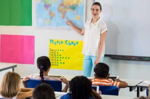 Young Female teacher teaching salish language in elementary class
